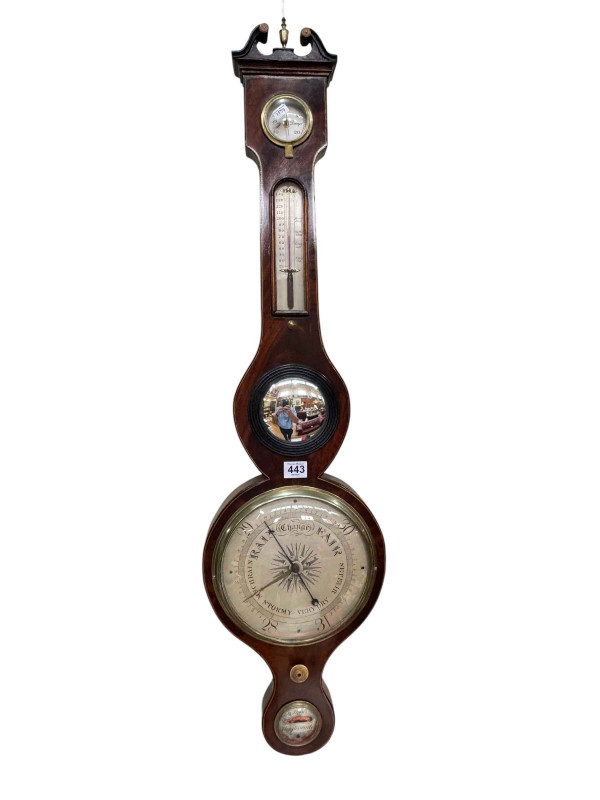 Antique mahogany and line inlaid banjo barometer, J Moses, Biggleswade, 99cm.