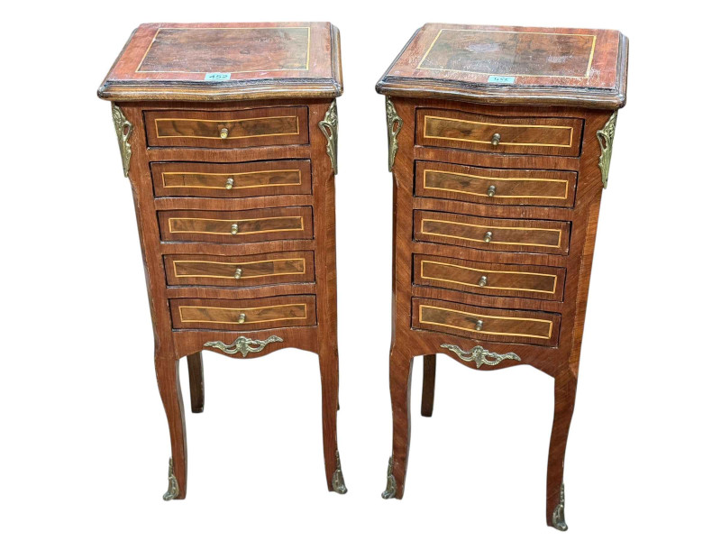 Pair Continental line inlaid slim five drawer bedside chests, 74cm by 35cm by 26cm.