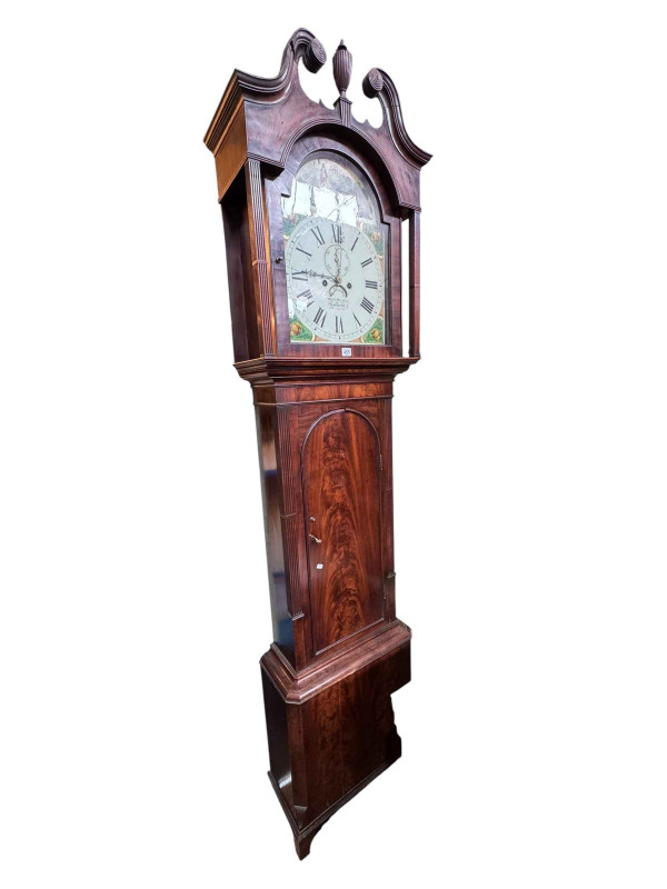Antique mahogany eight day longcase clock having painted arched dial signed William Preston, Lancaster, 234cm.