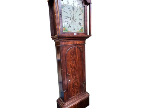 Antique mahogany eight day longcase clock having painted arched dial signed...