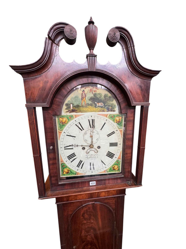 Antique mahogany eight day longcase clock having painted arched dial signed William Preston, Lancaster, 234cm.