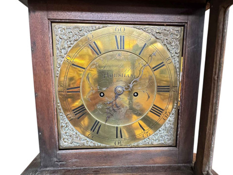 Antique oak eight day longcase clock having square brass dial, signed John Muzzell, Horsham, 214cm. thumbnail