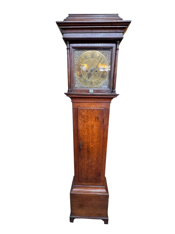Antique oak eight day longcase clock having square brass dial, signed John Muzzell, Horsham, 214cm.