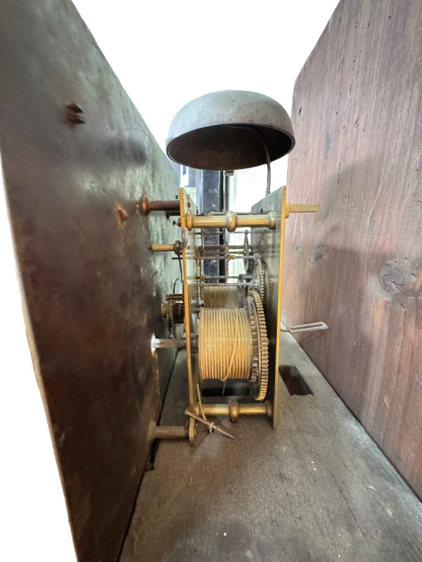 Antique oak eight day longcase clock having square brass dial, signed John Muzzell, Horsham, 214cm.