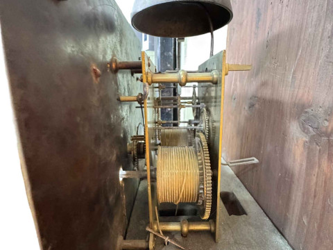 Antique oak eight day longcase clock having square brass dial, signed John Muzzell, Horsham, 214cm. thumbnail