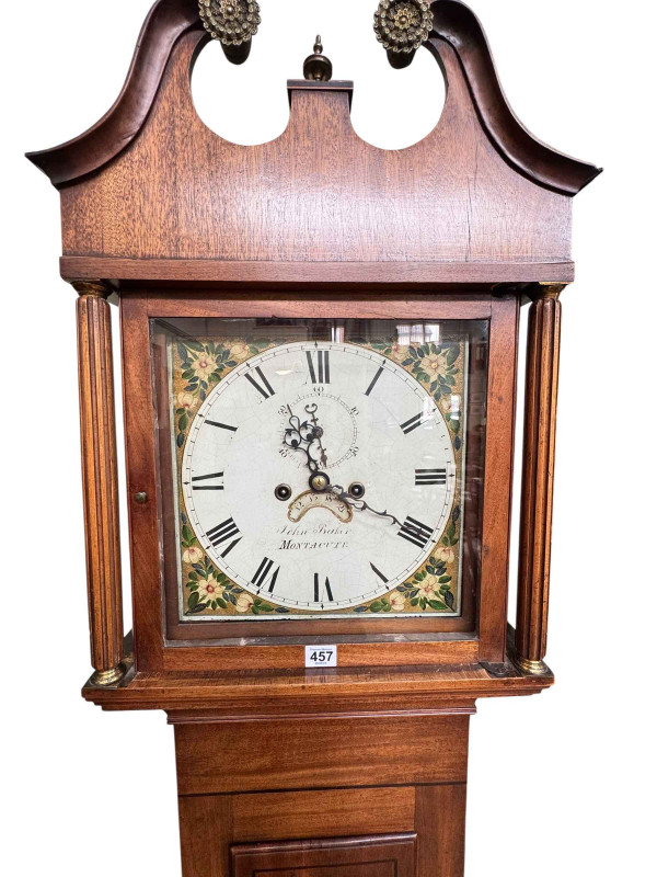 Antique mahogany eight day longcase clock having floral painted square dial, signed John Baker, Montacute, 201cm.