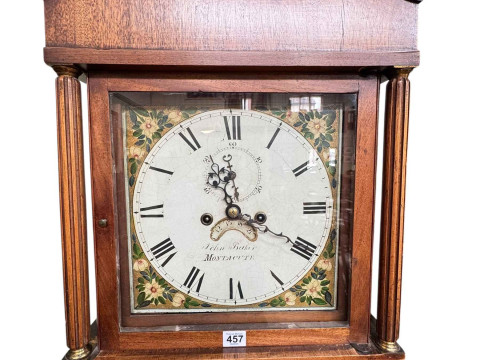 Antique mahogany eight day longcase clock having floral painted square dial, signed John Baker, Montacute, 201cm. thumbnail