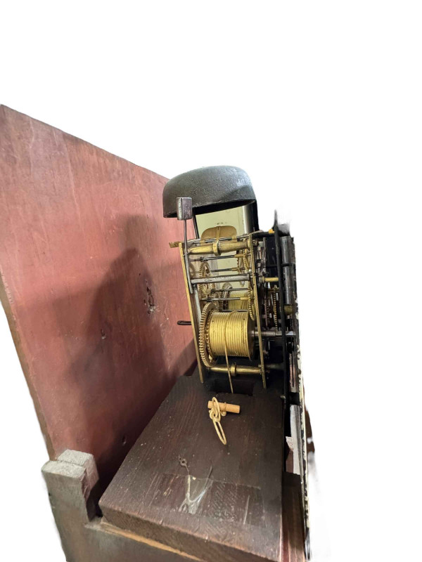 Antique mahogany eight day longcase clock having floral painted square dial, signed John Baker, Montacute, 201cm.