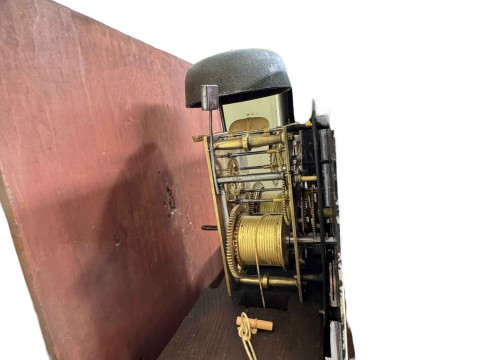 Antique mahogany eight day longcase clock having floral painted square dial, signed John Baker, Montacute, 201cm. thumbnail