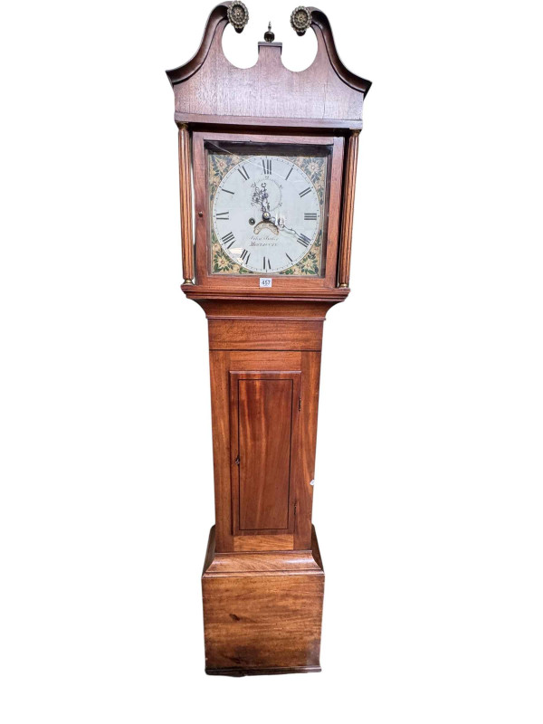 Antique mahogany eight day longcase clock having floral painted square dial, signed John Baker, Montacute, 201cm.
