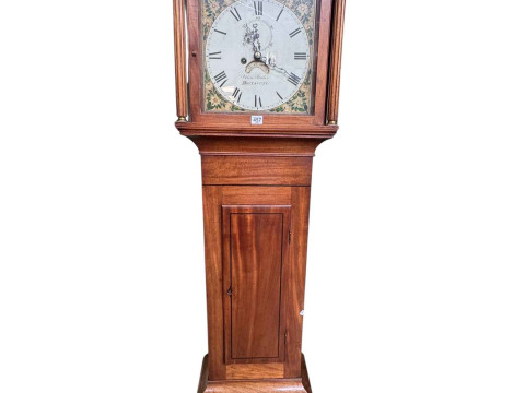 Antique mahogany eight day longcase clock having floral painted square...