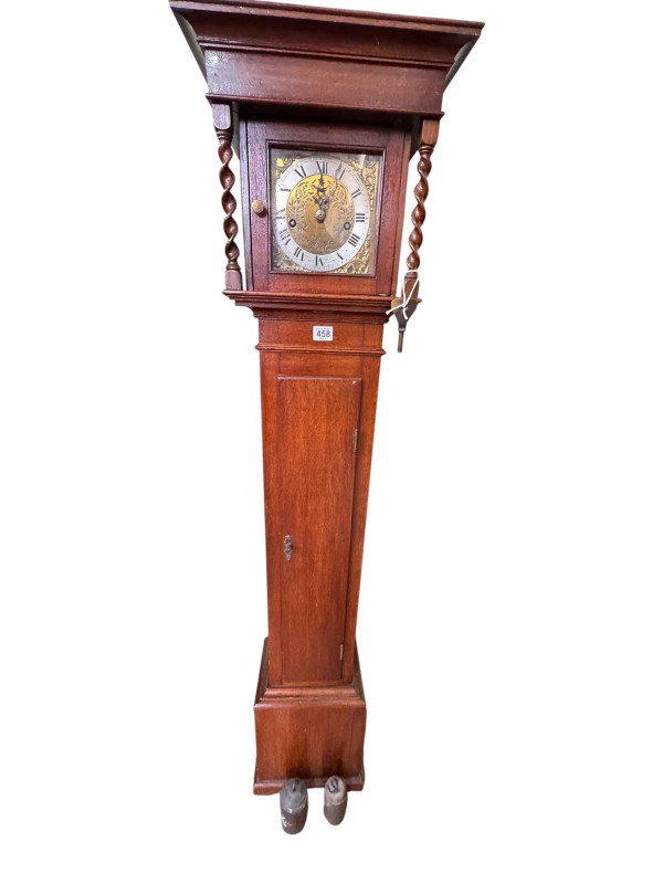 Jacobean style oak 8-day grandmother clock having engraved brass dial with silvered chapter ring, 158cm.