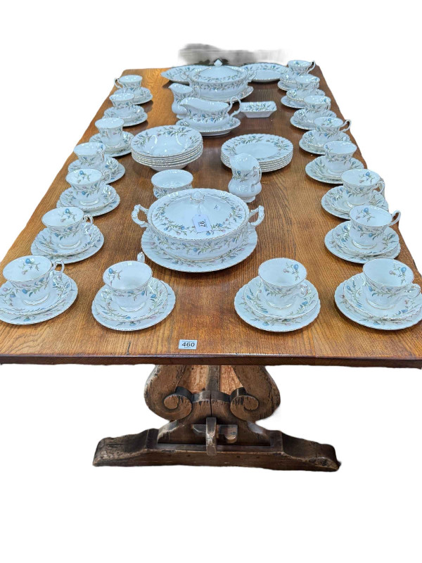 Oak refectory style dining table on lyre supports, 74cm by 90cm by 183cm.