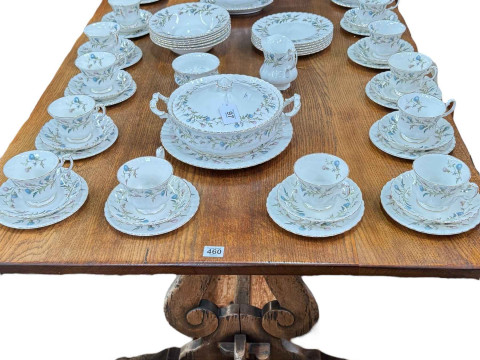 Oak refectory style dining table on lyre supports, 74cm by 90cm by 183cm.