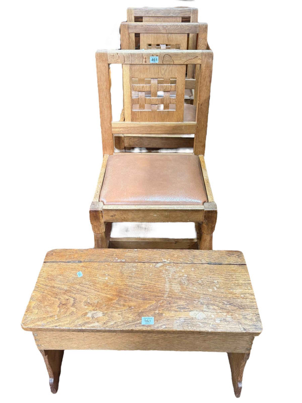 In the manner of Thompson's of Kilburn, set of three lattice back dining chairs and box stool (4).