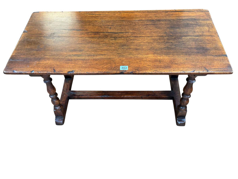 Titchmarsh & Goodwin style rectangular coffee table on four turned legs joined by stretchers, 46cm by 91cm by 44.5cm.