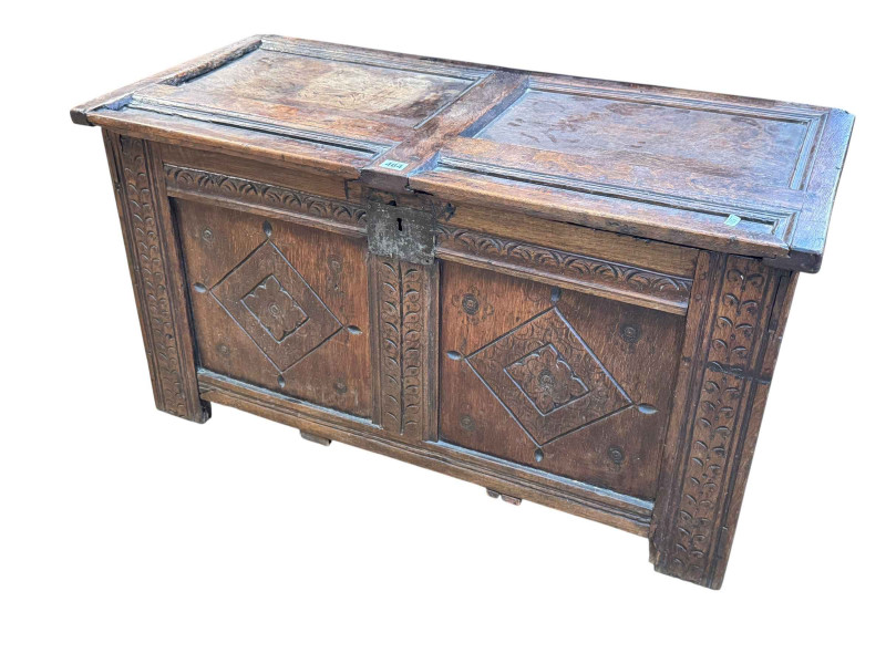 Antique carved oak coffer, 55cm by 103cm by 47cm.