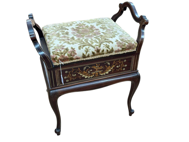 Late Victorian inlaid mahogany piano stool on cabriole legs, 65cm by 56cm by 41cm.