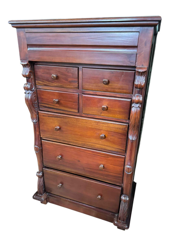 Slim Victorian style Scotch chest of eight drawers, 130cm by 75cm by 44cm.