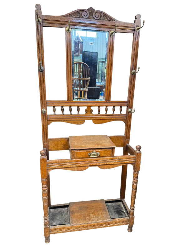 Edwardian oak mirror back hallstand, 197cm by 83.5cm by 30cm.