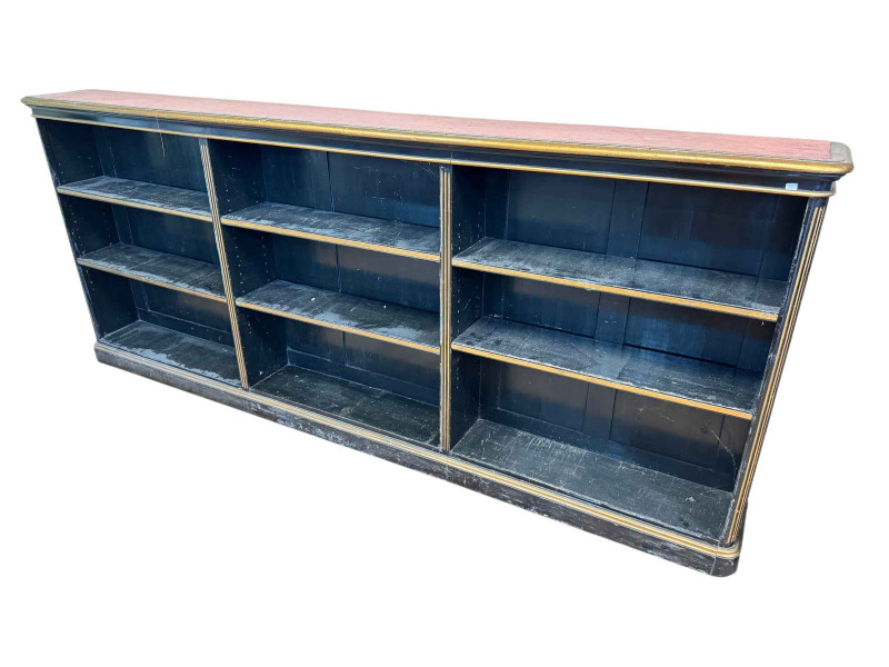 Victorian ebonised and gilt painted three division open bookcase with six adjustable shelves, 102cm by 248cm by 28cm.