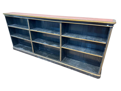 Victorian ebonised and gilt painted three division open bookcase with...