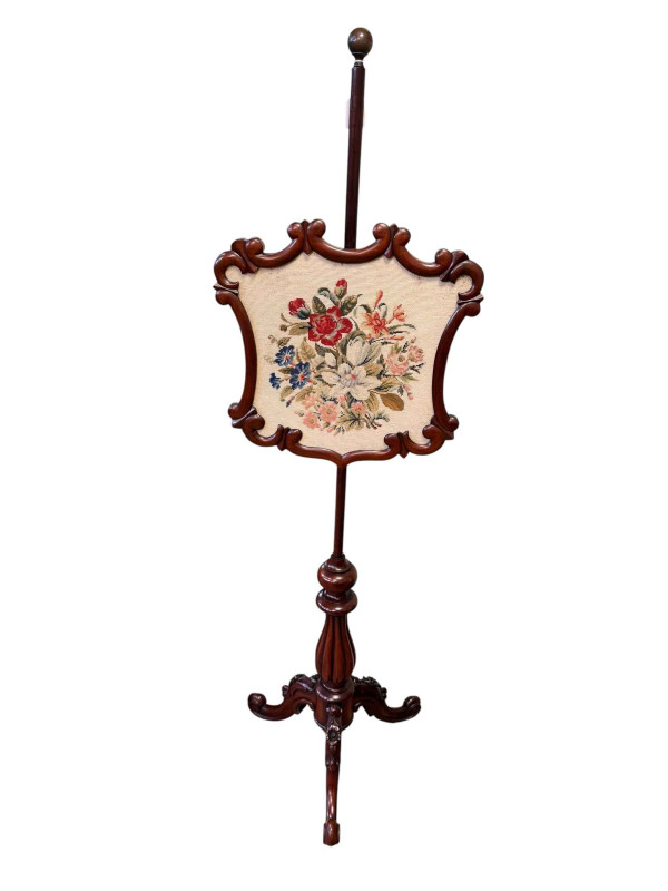 Victorian mahogany floral needlework panel pole screen, 153cm.