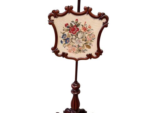 Victorian mahogany floral needlework panel pole screen, 153cm.