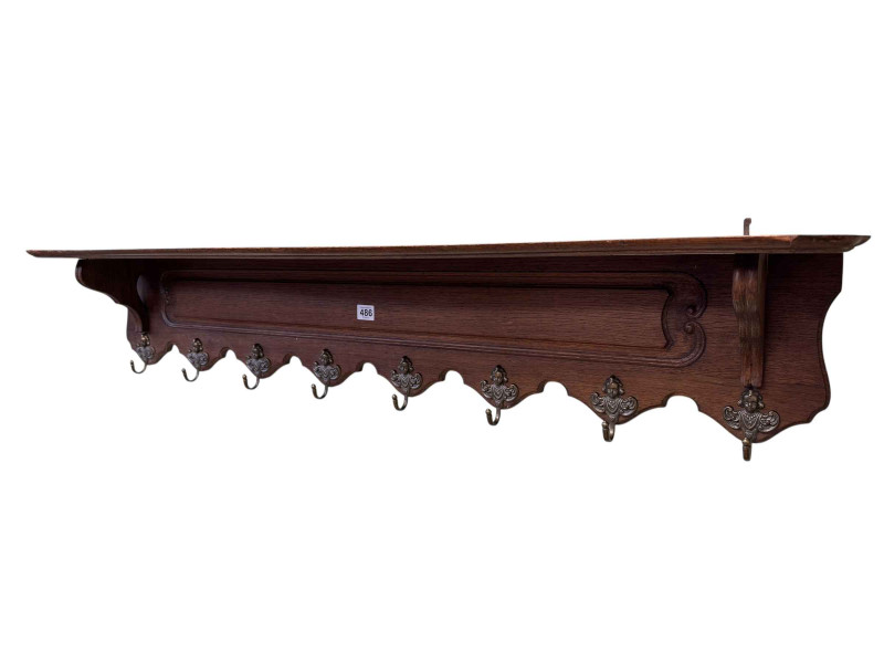 Oak eight hook wall mounted coat rack, 26cm by 123cm by 21cm.