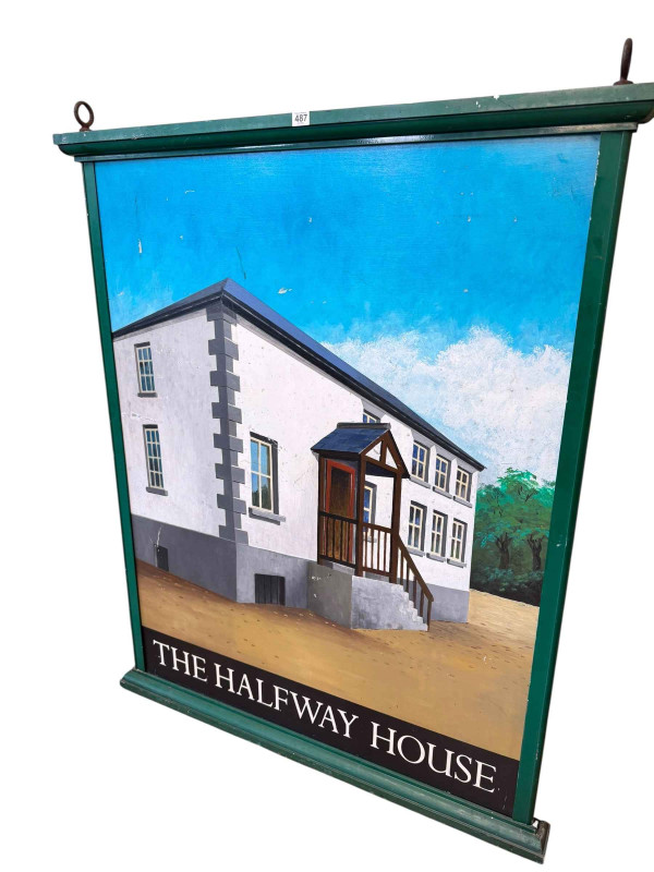 The Halfway House hanging reversible pub sign, 134cm by 109cm.