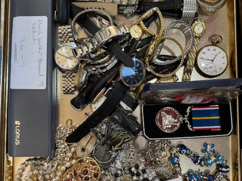 Collection of costume jewellery, watches, medals, etc.