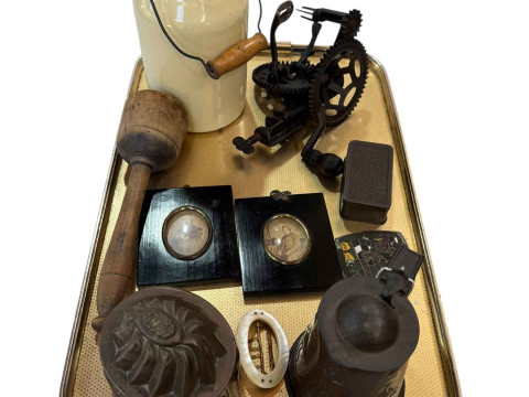 Sankey Arts & Crafts copper jug, jelly mould, tea flask, pair miniatures,...