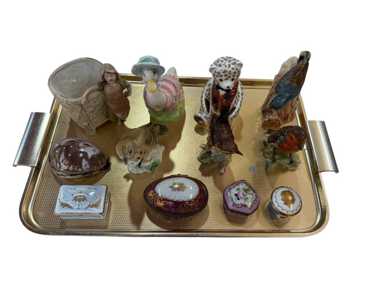 Three Goebel birds, Royal Crown Derby teddy bear, Royal Dux vase, carved shell and boxes (12).