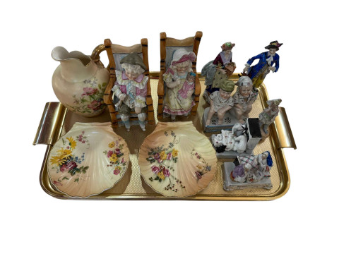 Royal Worcester blush shell dishes and jug, Victorian fairings, bisque...