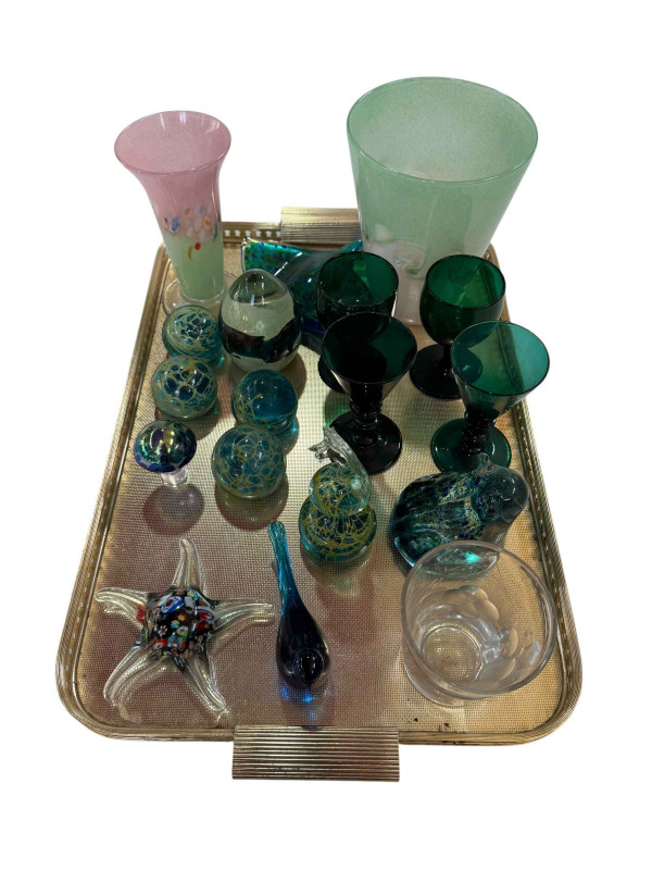 Two art glass vases, ten paperweights, green wine glasses, etc.