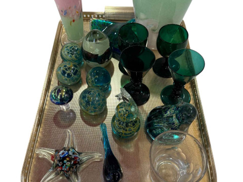 Two art glass vases, ten paperweights, green wine glasses, etc.