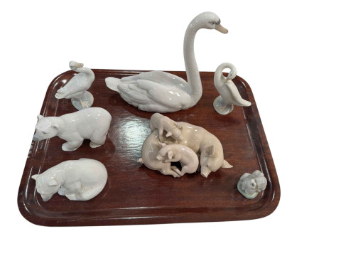 Lladro pig with piglets, two polar bears, three swans and small dog (7).