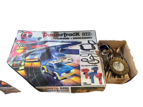 Four boxes with EP wares, books, collectables, etc, and Matchbox Powertrack. thumbnail