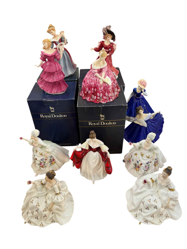 Collection of Royal Doulton lady figurines including Sara, Diana, etc.