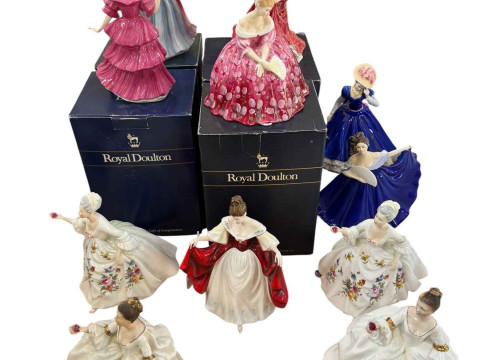 Collection of Royal Doulton lady figurines including Sara, Diana, etc.