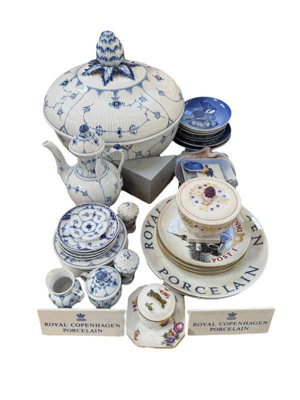 Collection of Royal Copenhagen porcelain including large blue and white tureen, commemorative plates, etc.