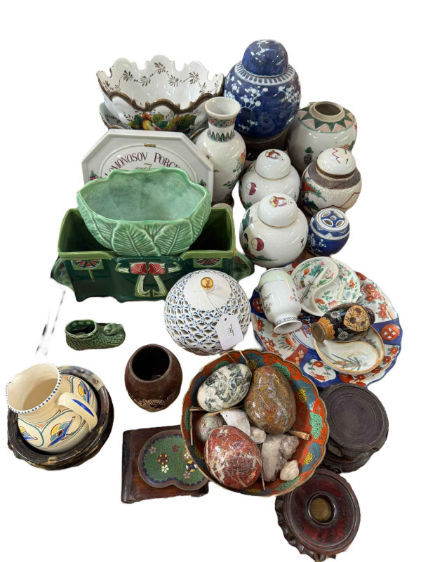 Collection of oriental wares including Chinese ginger jars, peacock vase, stands, Lomonosov sign, etc.