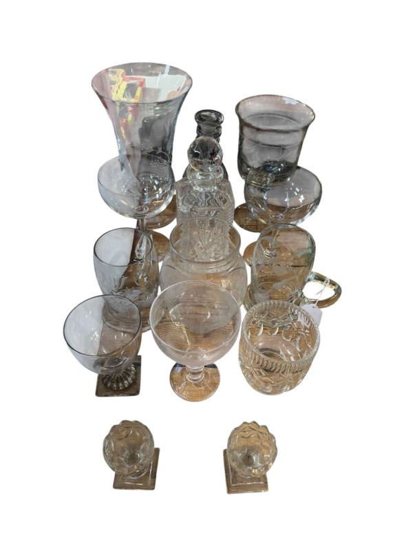 Collection of glass wares including Victorian celery vase, two runners, etched pieces, etc.