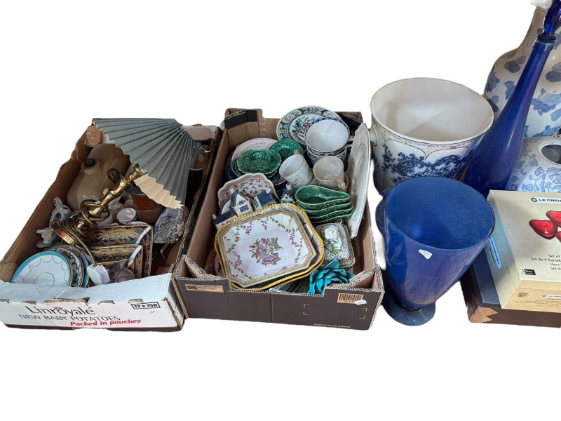Collection of blue and white pottery, Bols houses, table lamp, etc.