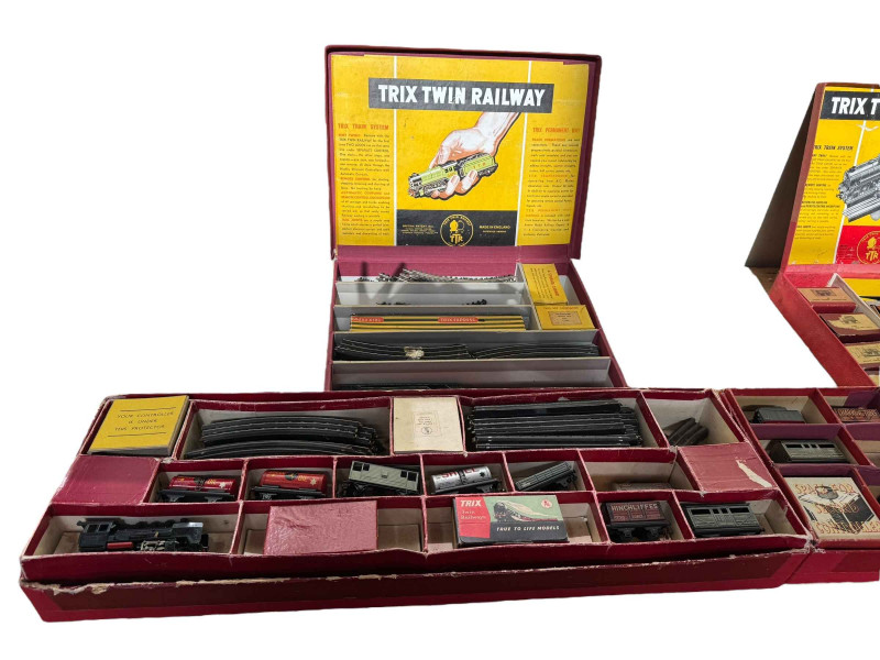 Collection of Trix Train Railway carriages, track, locomotives, etc.