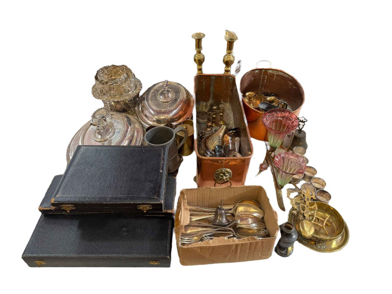 Silver plated tureens, coaster and flatwares, gilt and glass epergne, metalwares, etc.