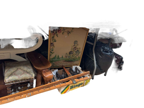Collection of vintage items including flat irons, 50ltr churn, horse measure, LPs, stool, eiderdowns, etc. thumbnail