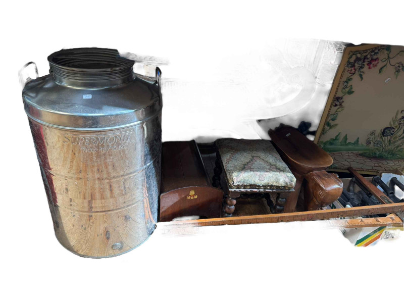 Collection of vintage items including flat irons, 50ltr churn, horse measure, LPs, stool, eiderdowns, etc.