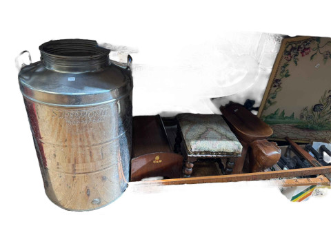 Collection of vintage items including flat irons, 50ltr churn, horse measure,...