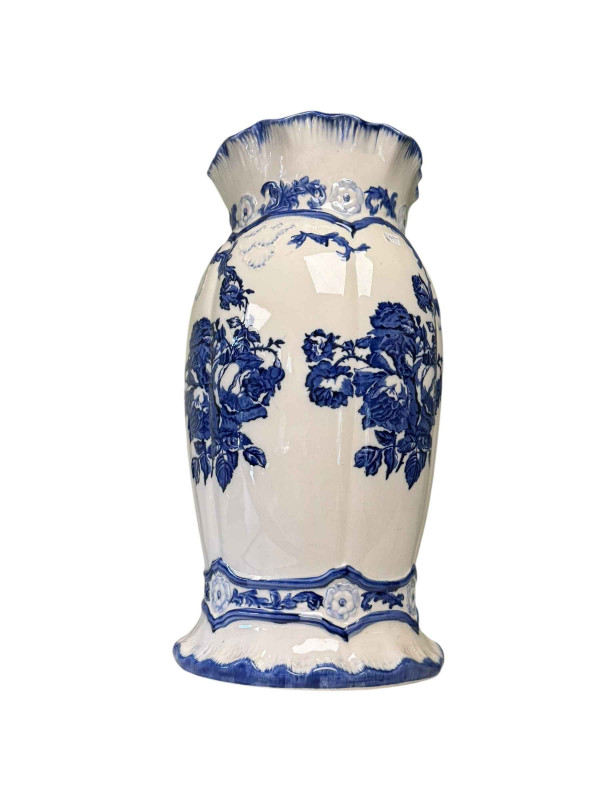 Blue and white ironstone Staffordshire vase, 52cm high.